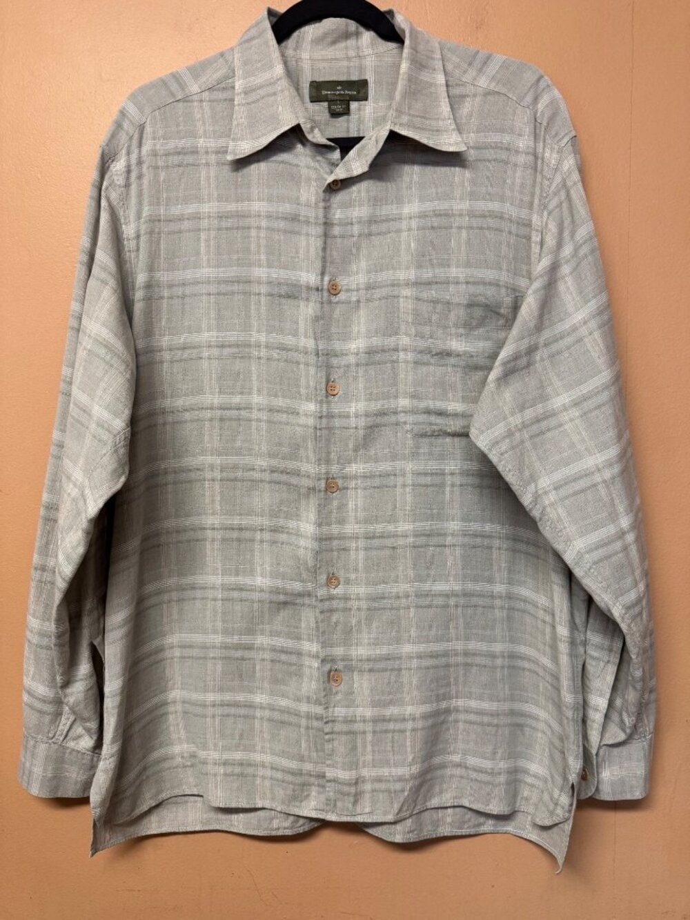 Ermenegildo Zegna Italy Gray Green Plaid Button Front Shirt L Cotton